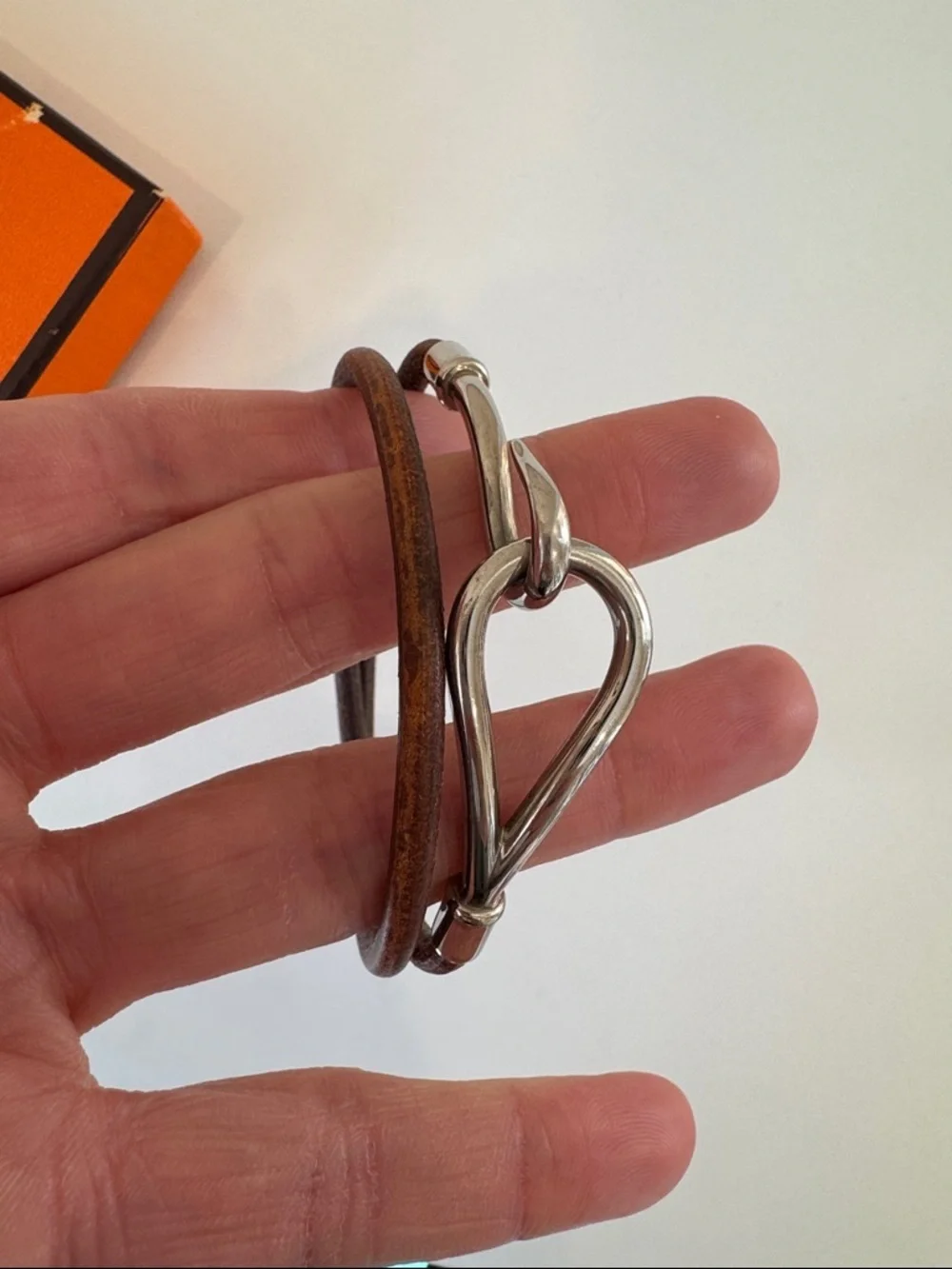 Hermes Orange Box with Brown Leather Double Wrap Bracelet or choker Silver Hook